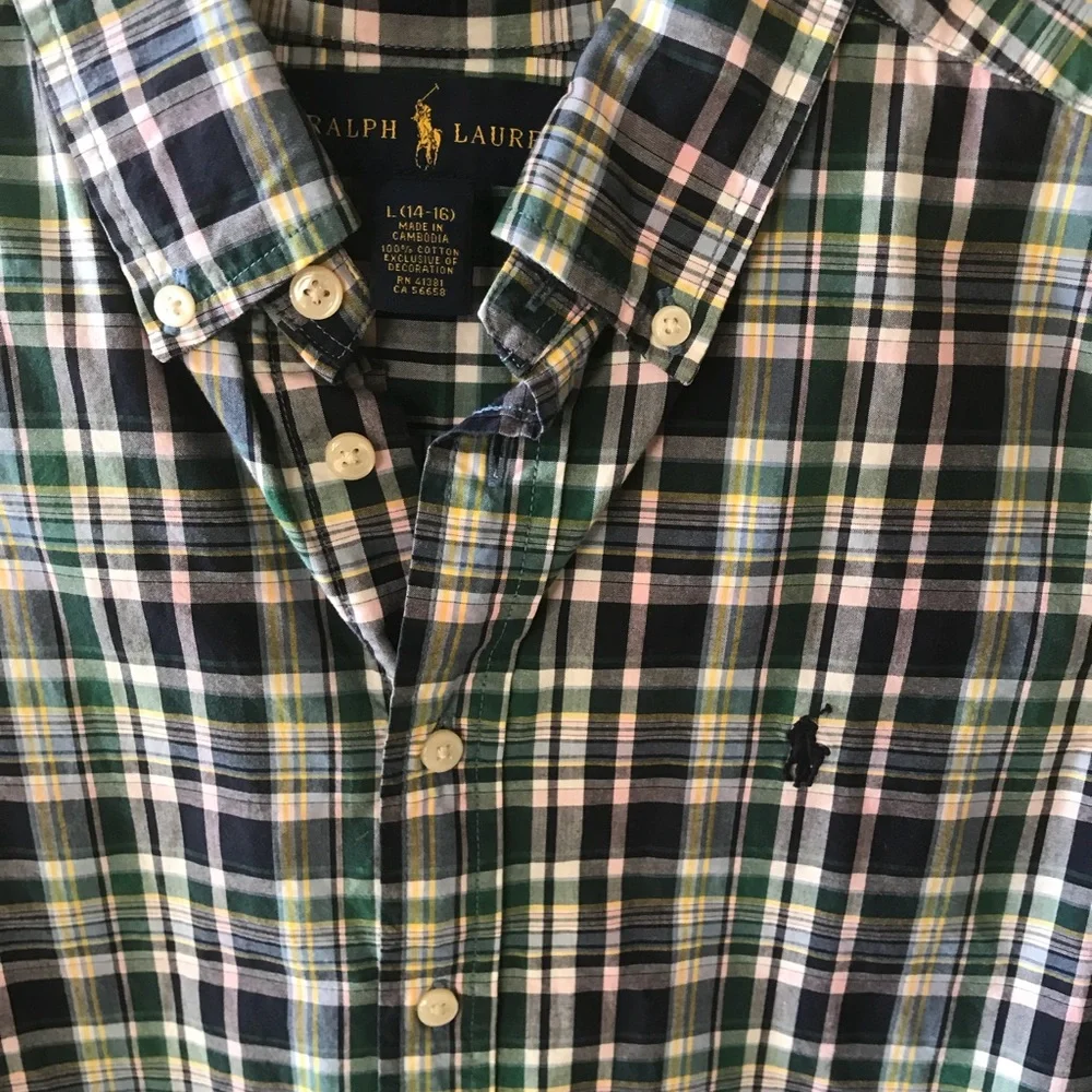 Ralph Lauren Polo 100% cotton Plaid Button Down Shirt Boys size Large (14-16)